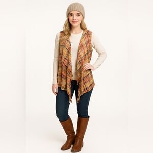 Cato Plaid Fringe Hooded Fall Vest